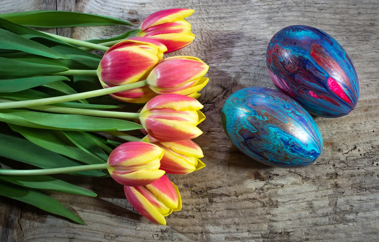Photo wallpaper nature, bouquet, spring, tulips, colorful, Easter eggs, painted