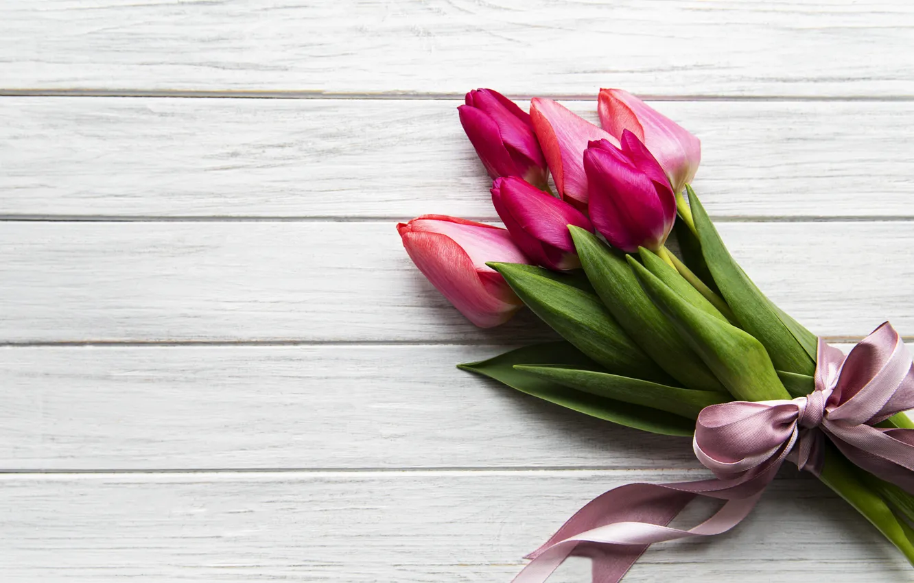 Photo wallpaper flowers, bouquet, tape, tulips, wood, pink, flowers, tulips