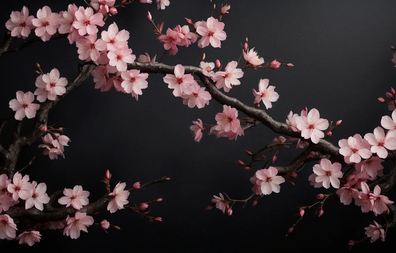 Photo wallpaper pink, flowers, sakura, dark background, AI art