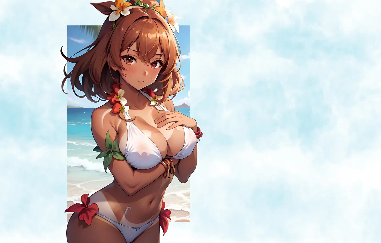 Photo wallpaper girl, hot, sexy, beach, ocean, brown hair, boobs, anime