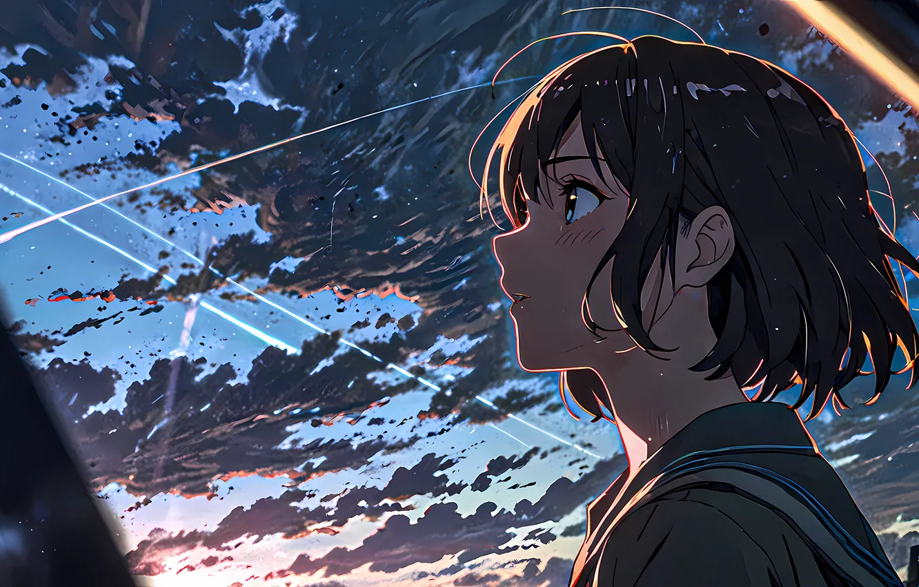 Photo wallpaper anime, Dramatic Sky, anime girl, sky glow, beautiful hairstyle