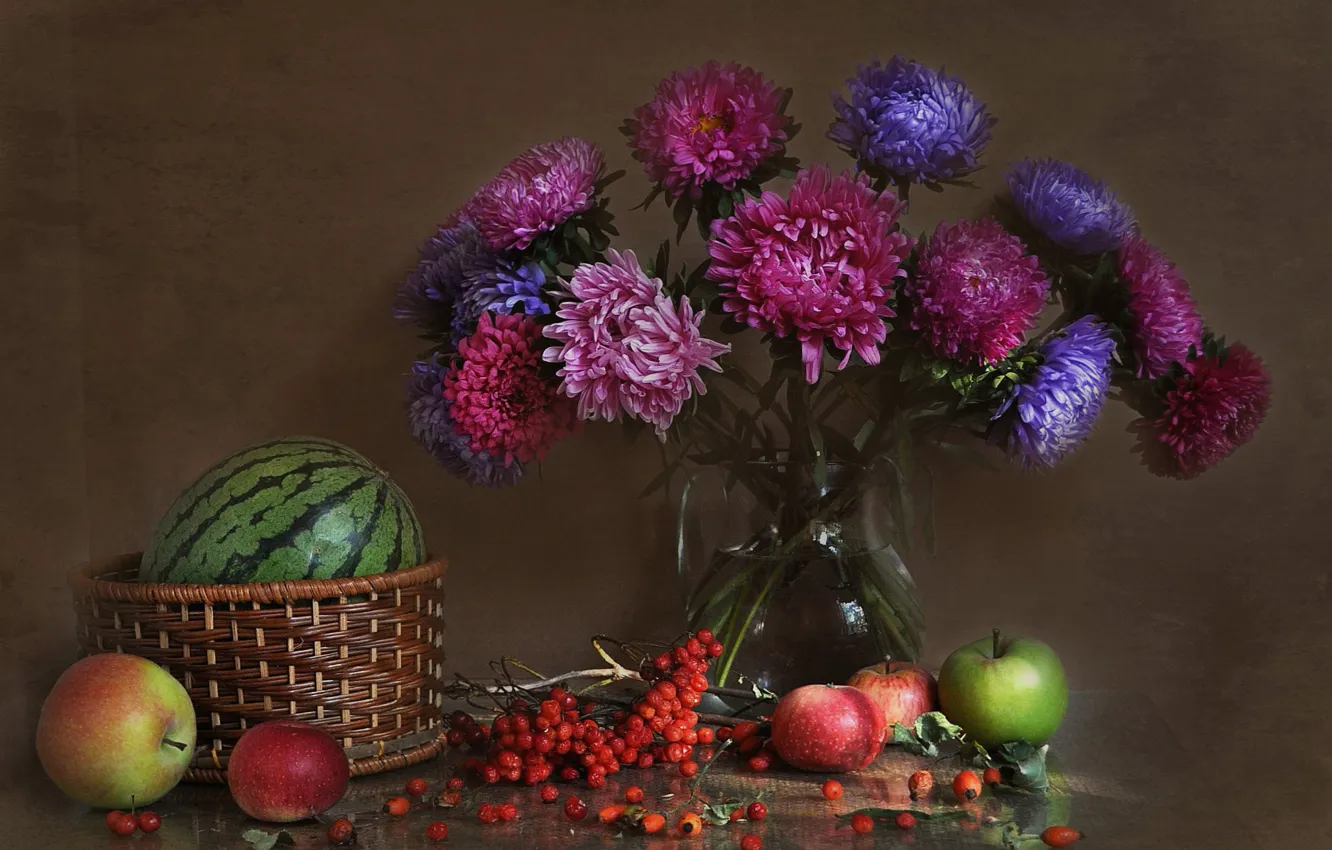 Photo wallpaper flowers, apples, bouquet, still life, composition, Kalina, asters