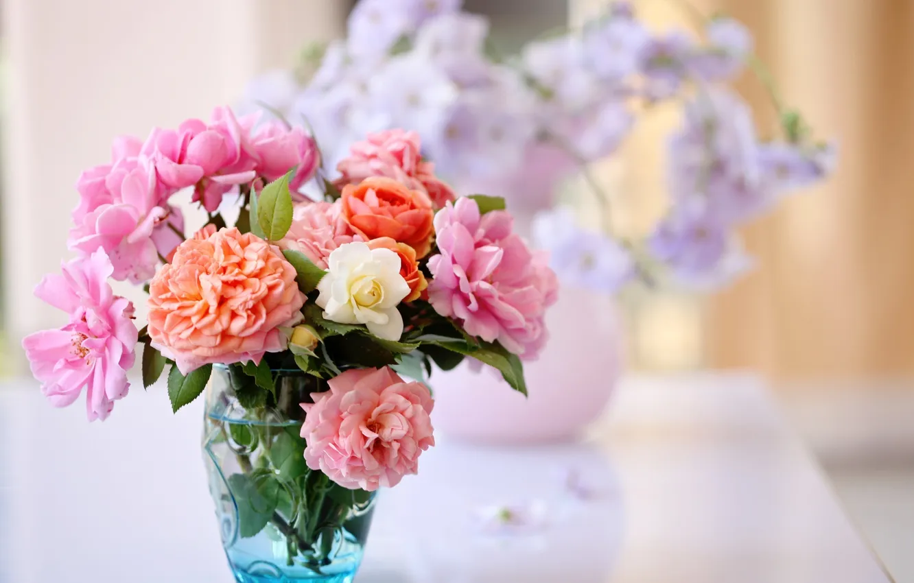 Photo wallpaper water, flowers, orange, bouquet, pink, vase