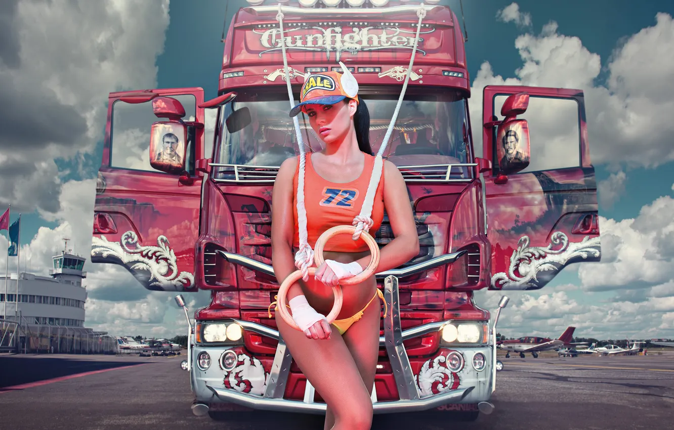 Photo wallpaper girl, model, Scania, miss, Miss Tuning 2013, brunetka