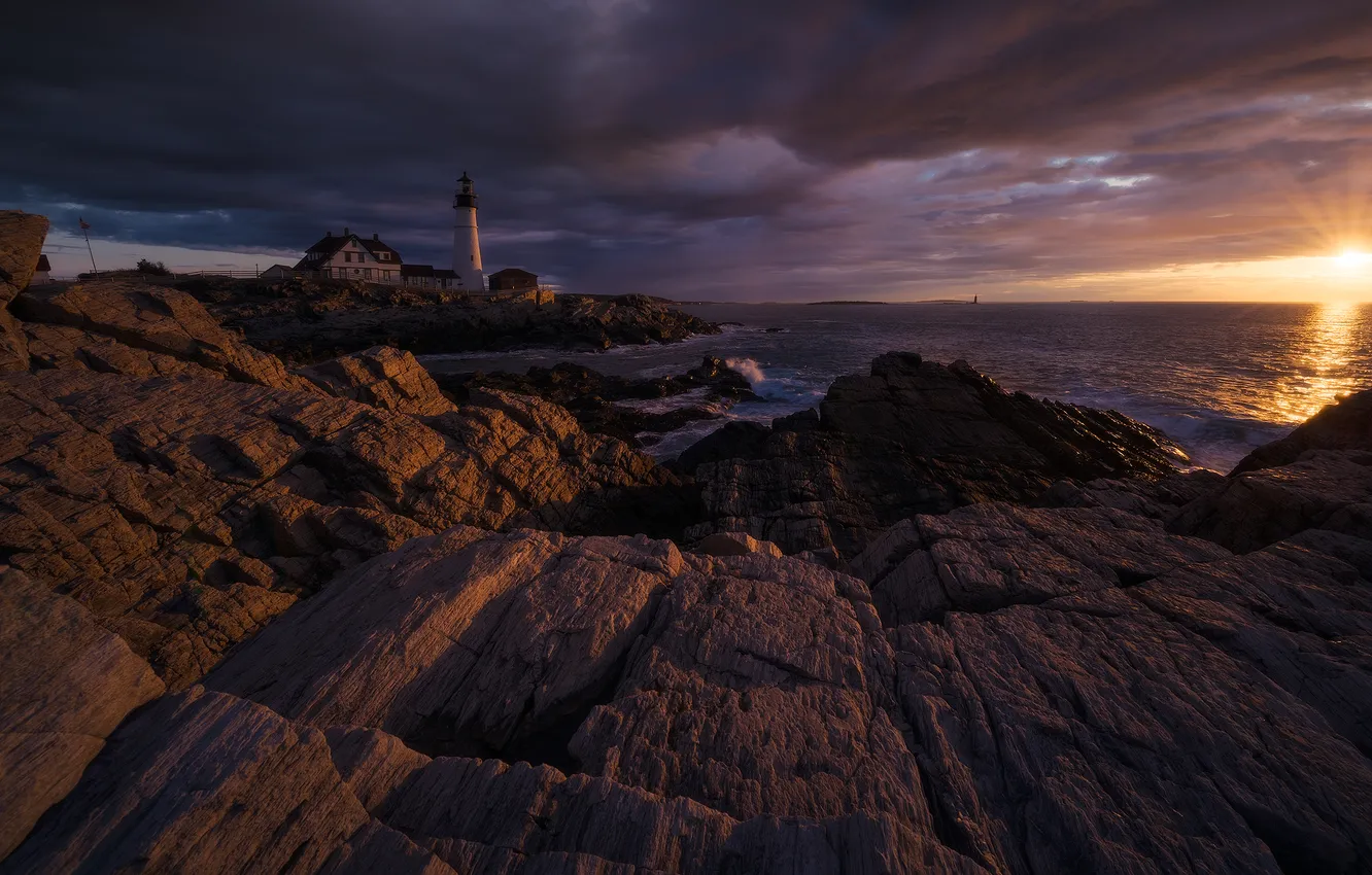 Photo wallpaper sea, the sun, clouds, rocks, lighthouse, morning, Portland, USA