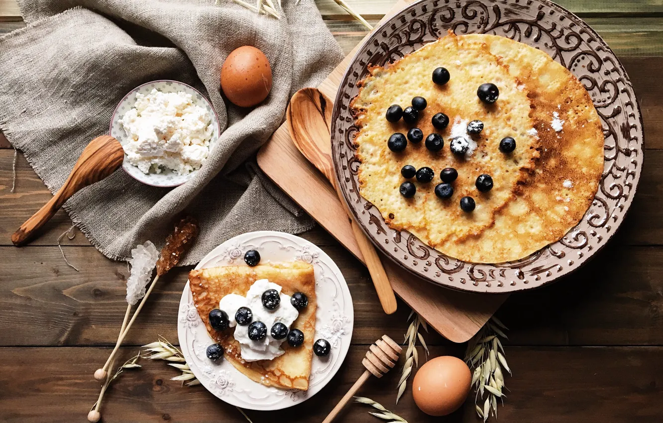Photo wallpaper berries, table, Board, eggs, towel, blueberries, plate, spoon