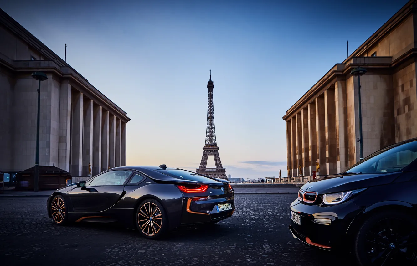 Photo wallpaper sunset, France, Paris, the evening, BMW, pair, Eiffel tower, BMW i3