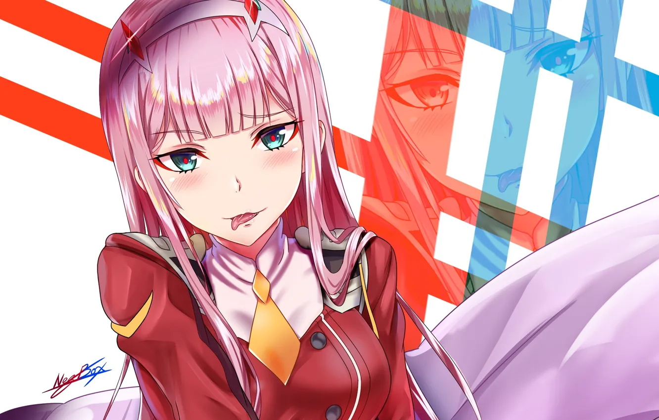 Photo wallpaper girl, tongue, pillow, 002, Darling In The Frankxx, Cute in France, Zero Two