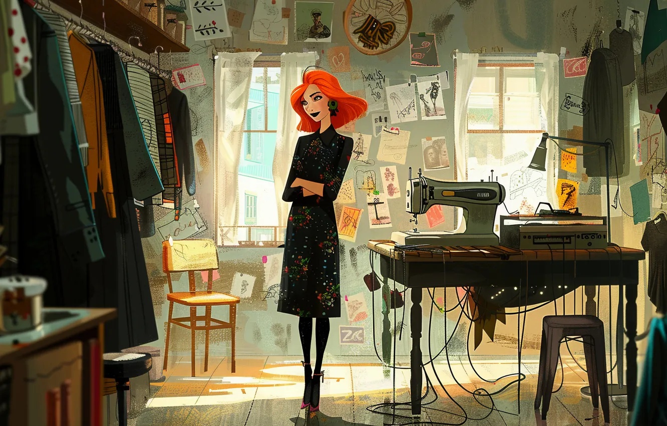 Photo wallpaper girl, sketch, digital art, fashion designer, sewing machine, AI art, The Art of Artificial Intelligence, …