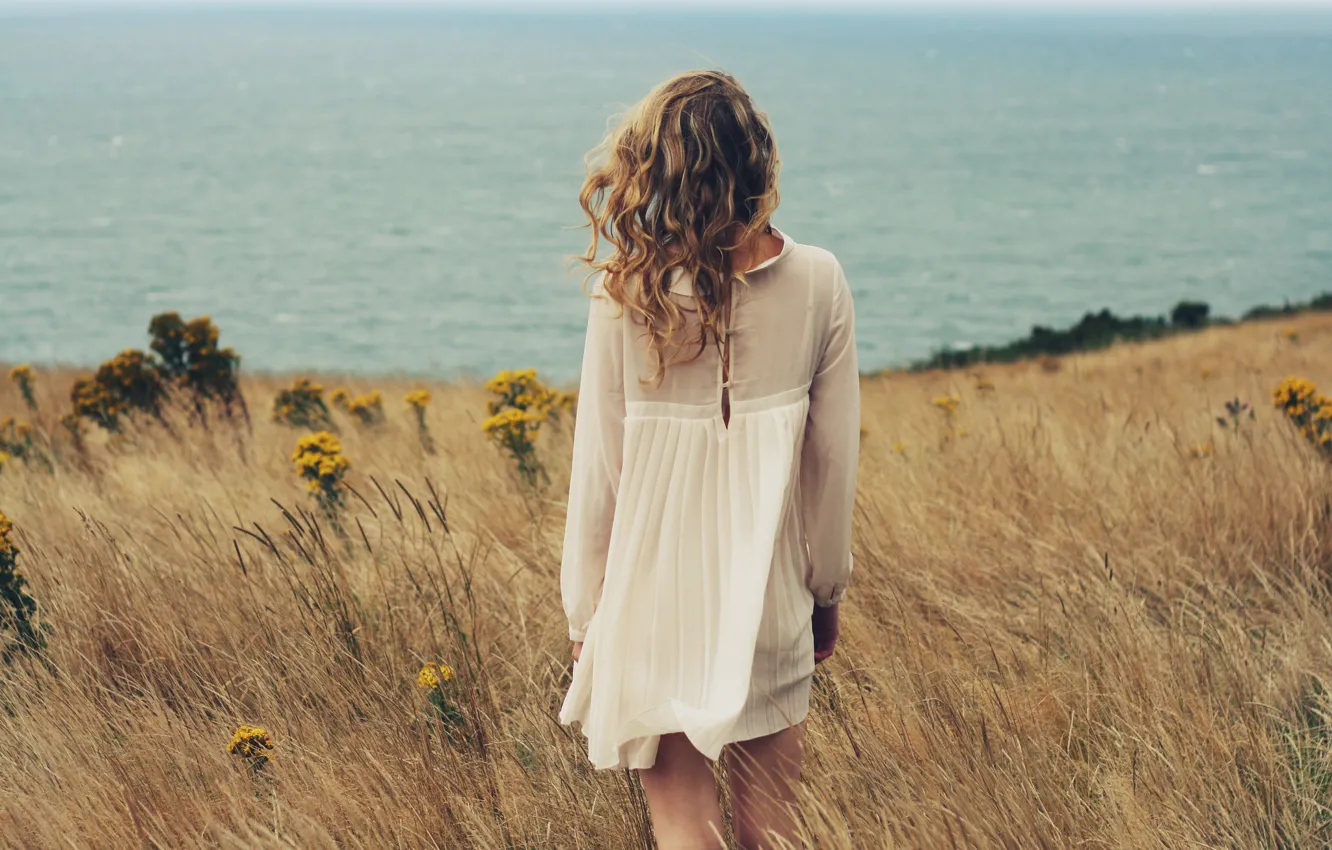 Photo wallpaper sea, summer, girl, hair, back, dress