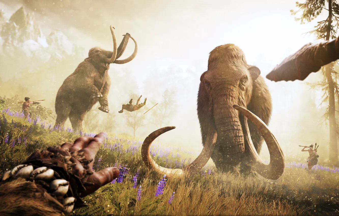 Photo wallpaper game, people, hunting, Far Cry, Ubisoft, spears, Game, mammoths