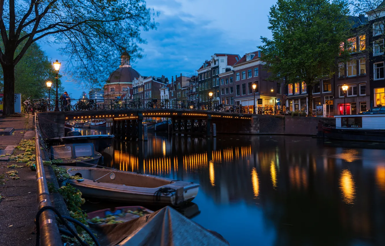 Photo wallpaper the city, boat, home, the evening, lighting, Amsterdam, lights, channel