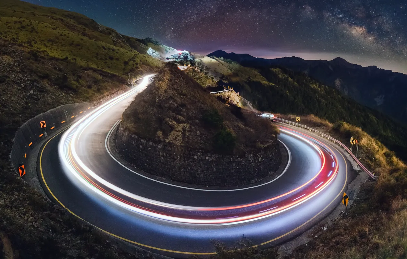 Photo wallpaper road, mountains, night, lights