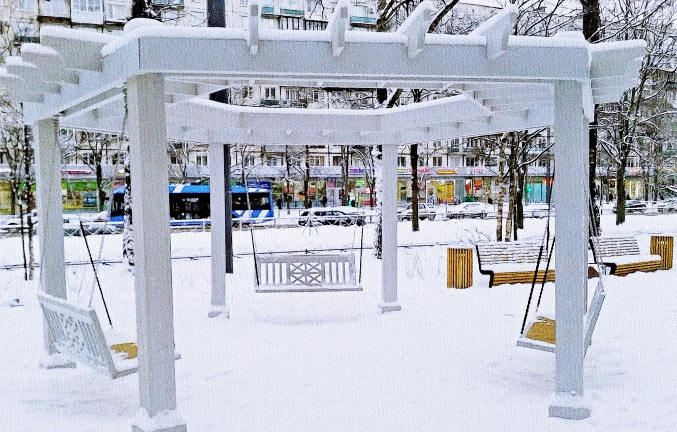 Photo wallpaper winter, the city, swing, square, December 2023