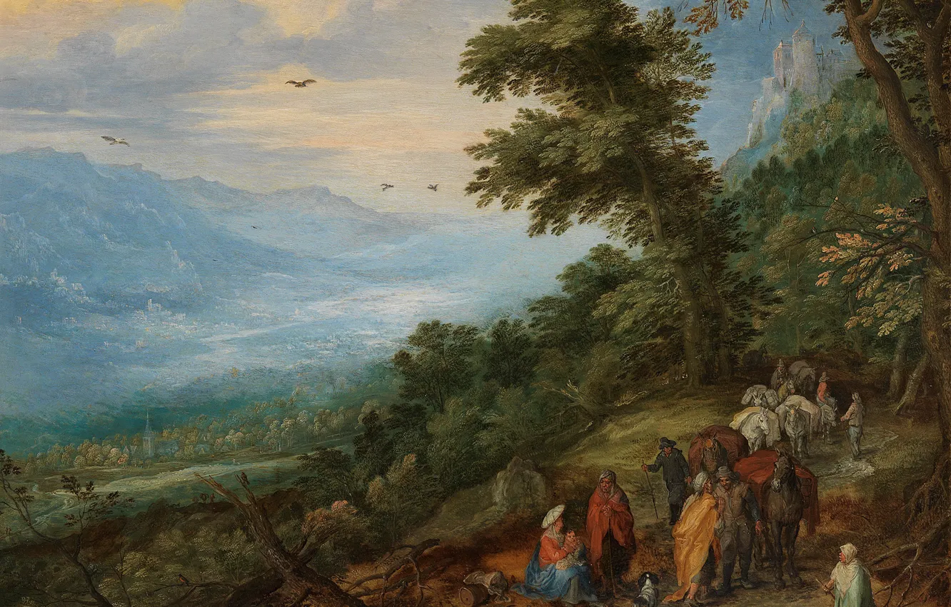 Photo wallpaper landscape, picture, Jan Brueghel the elder, Gypsy camp in the Woods