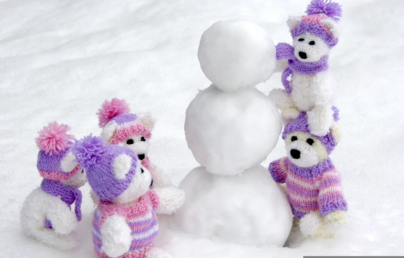 Photo wallpaper winter, snow, hat, toy, bear, bear, white, scarf