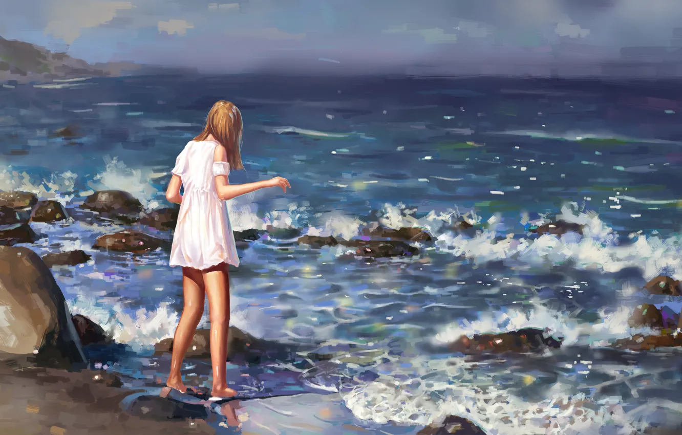 Photo wallpaper sea, wave, summer, girl, stones, dress, girl, summer