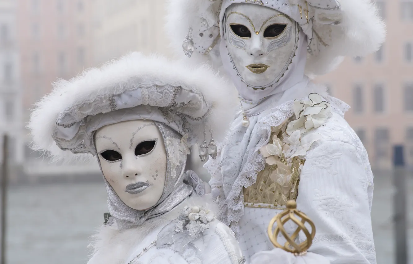 Photo wallpaper white, pair, carnival, mask, costumes