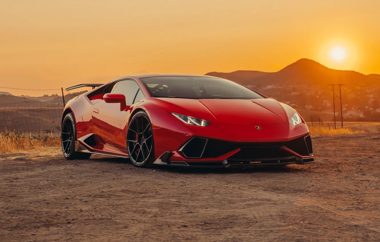 Photo wallpaper the sun, mountains, red, dawn, Lamborghini, Huracan, Lamborghini Huracan