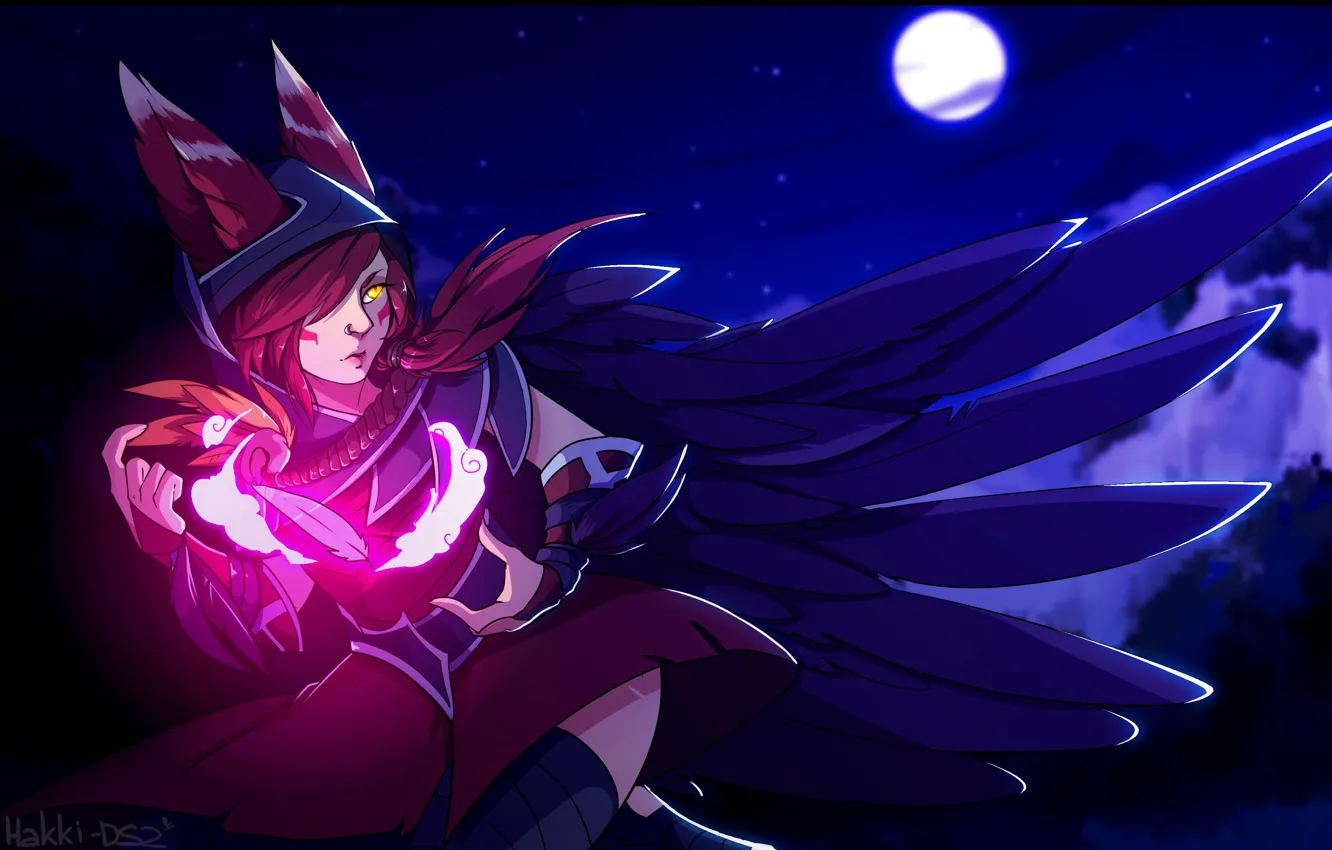 Photo wallpaper girl, night, magic, the moon, feathers, ears, League of Legends