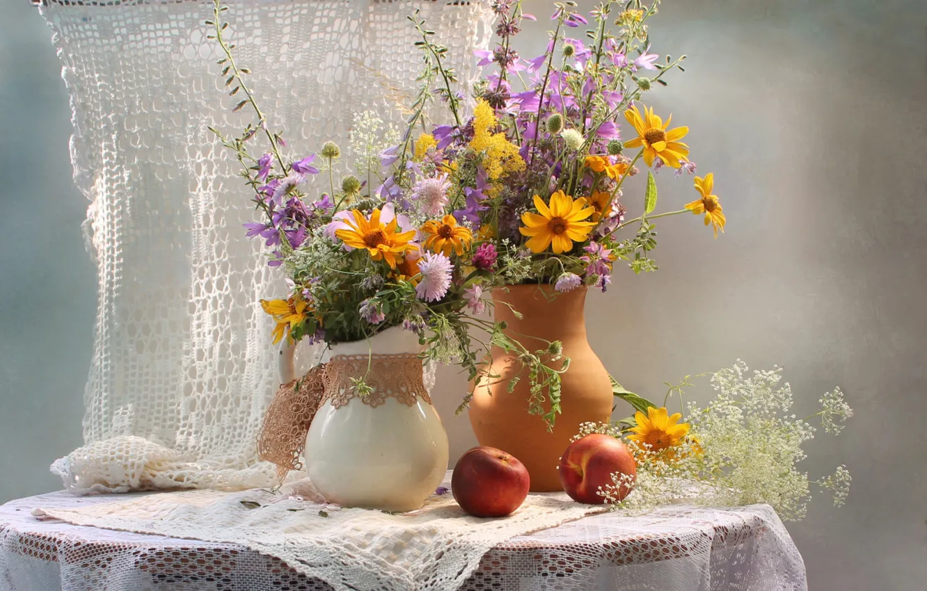 Photo wallpaper summer, bouquet, pitcher, nectarine