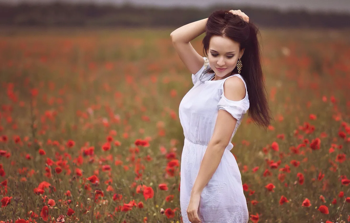 Photo wallpaper summer, flowers, Maki, meadow, girl, model, Angelina Petrova