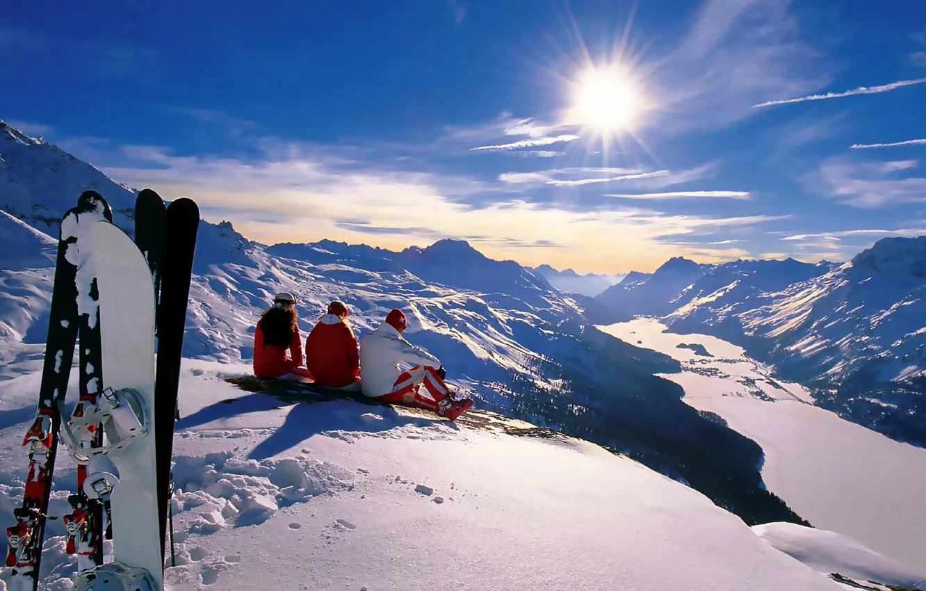 Photo wallpaper winter, the sun, snow, mountains, holiday, snowboard, sport, ski
