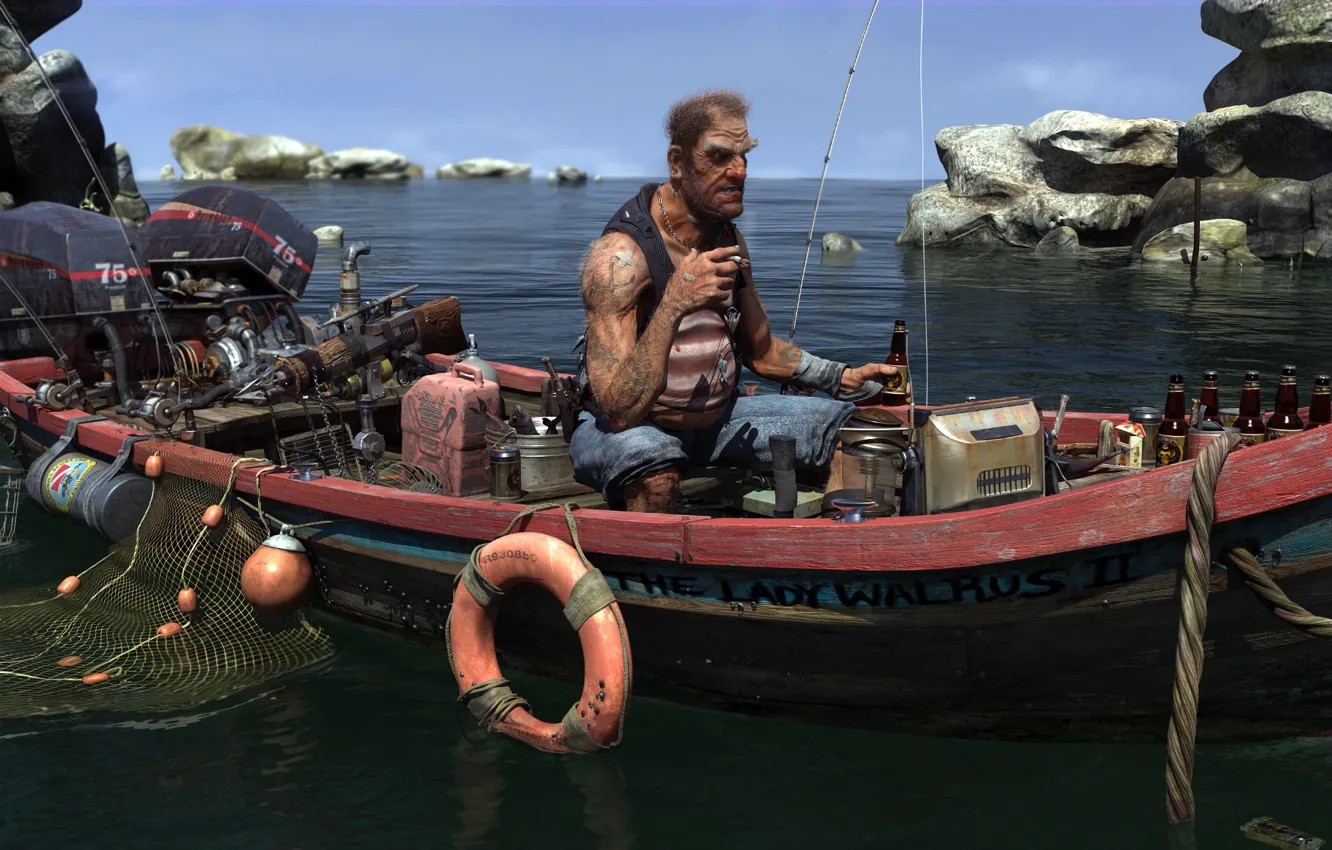 Photo wallpaper sky, sea, water, rocks, cigarette, beer, boat, tattoos