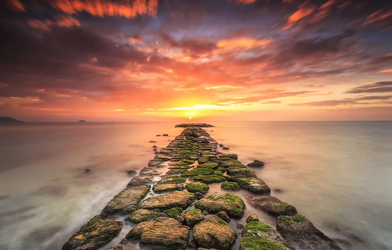 Photo wallpaper sea, sunset, stones, moss
