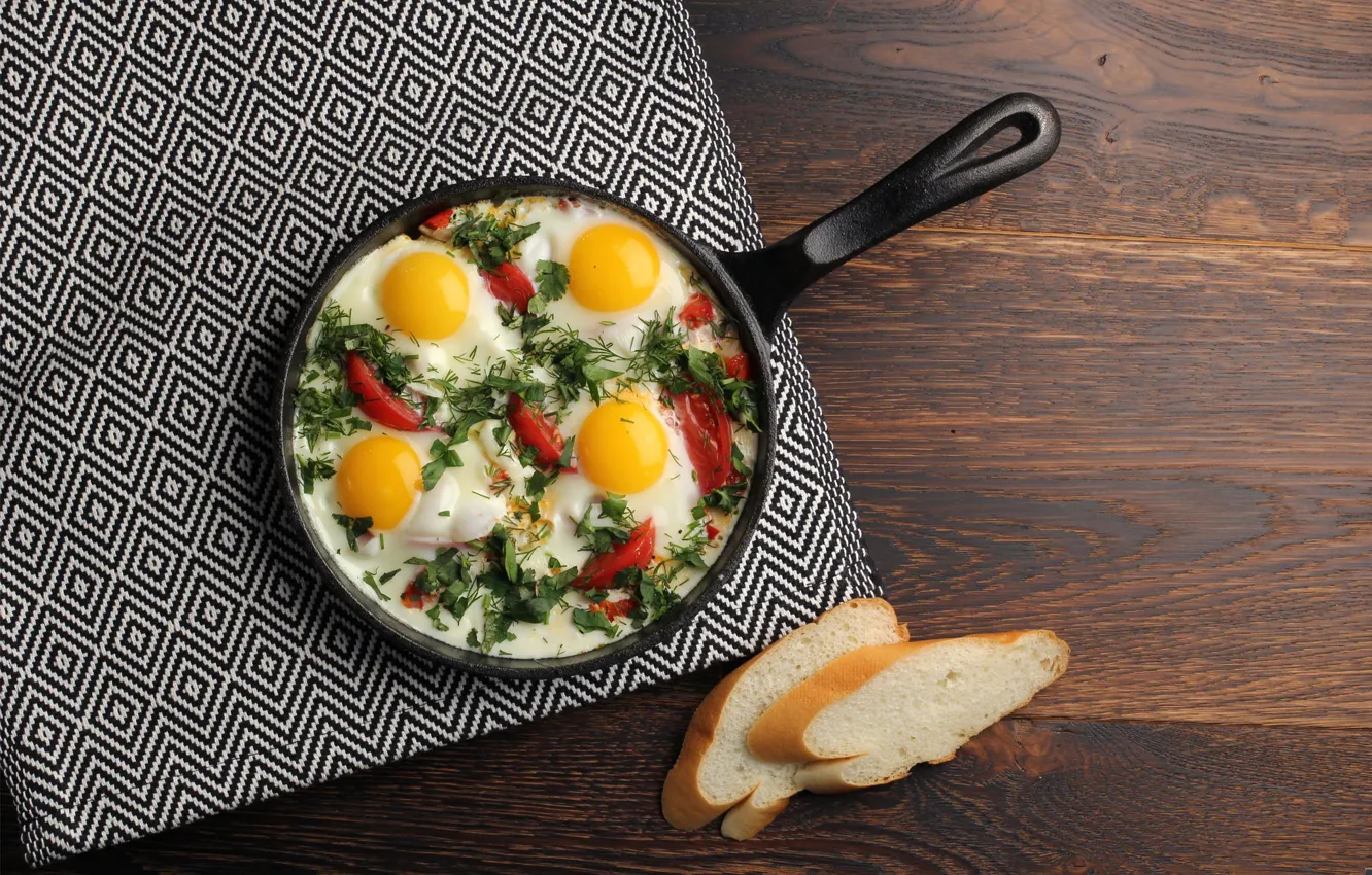 Photo wallpaper eggs, bread, pan, shakshuka