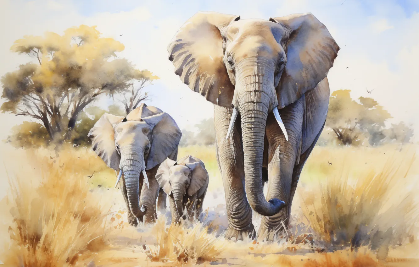 Photo wallpaper elephant, art, Savannah, cub, three, digital art, imitation painting, AI art