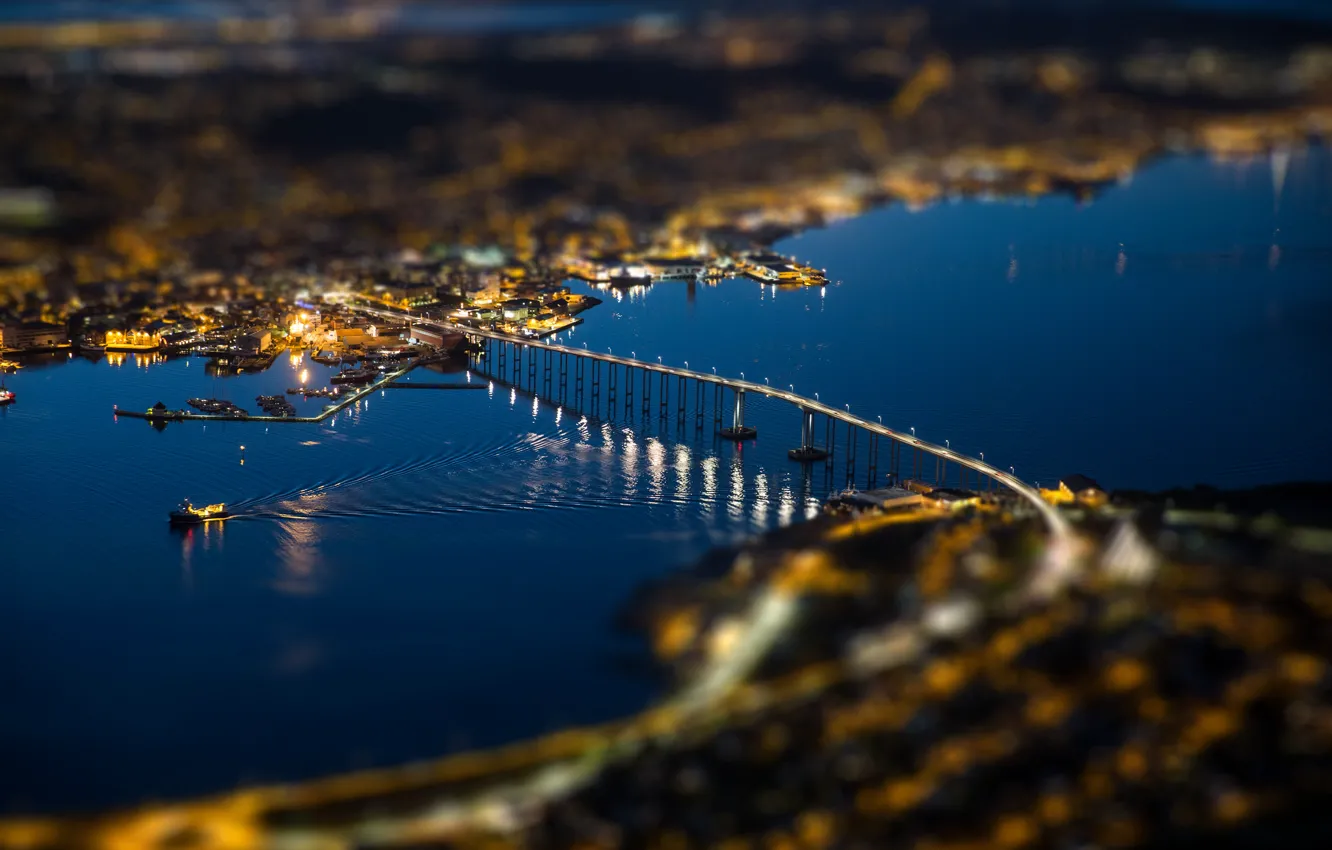 Photo wallpaper bridge, lights, boat, ship, Norway, Tromso, Troms