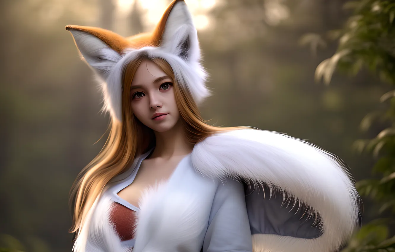 Photo wallpaper tail, women, digital art, blender, CGI, Stable Diffusion, AI Art, Fox Ears