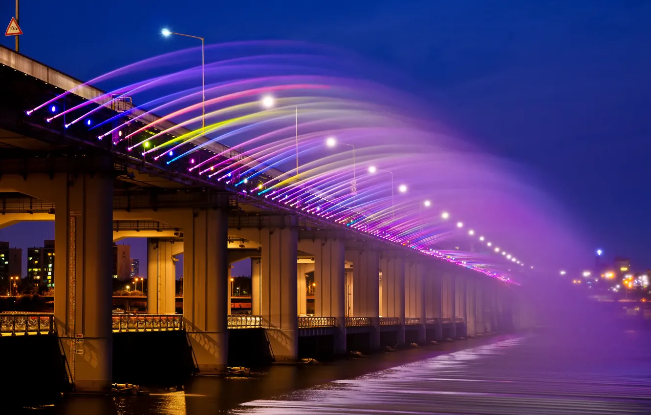 Photo wallpaper night, bridge, the city, lights, Asia, rainbow, Korea, Seoul