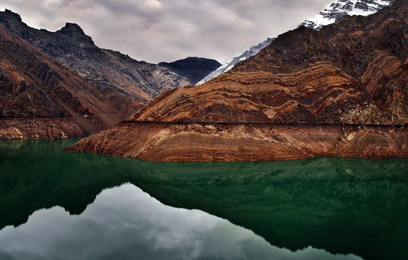 Photo wallpaper water, snow, mountains, lake, stones, Alaska