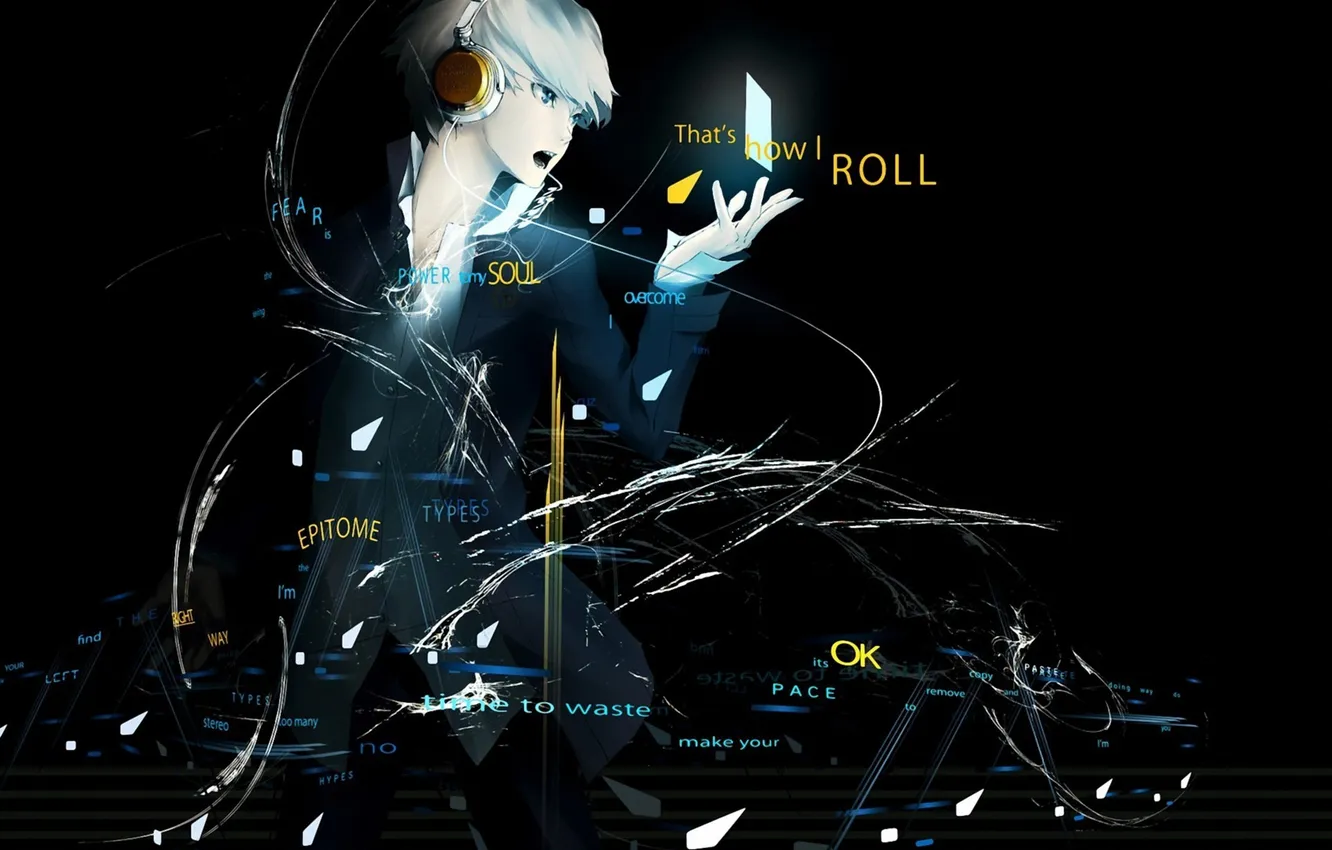 Photo wallpaper the dark background, the inscription, headphones, art, guy, Persona