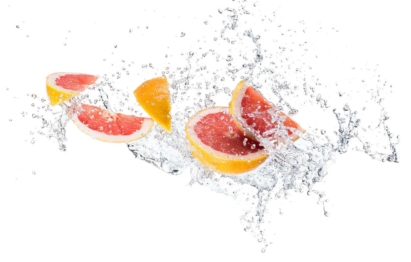 Photo wallpaper water, squirt, white background, grapefruit