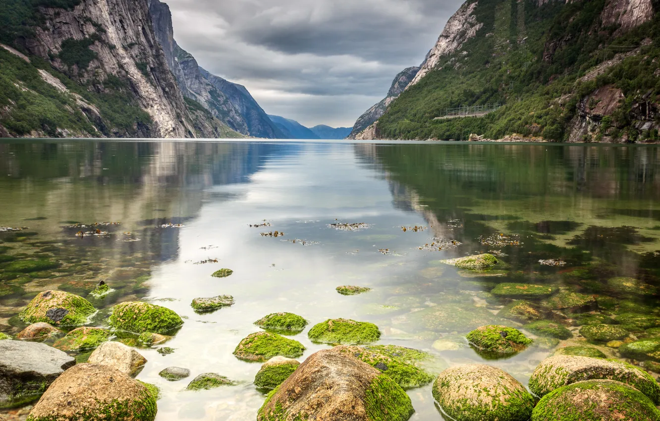 Photo wallpaper mountains, river, stones, Rogaland County, NORWEY, Lysebotn