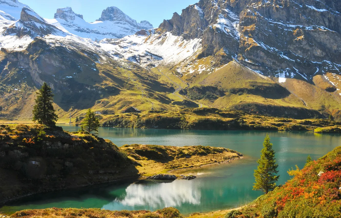 Photo wallpaper snow, trees, landscape, mountains, nature, lake, rocks, Switzerland