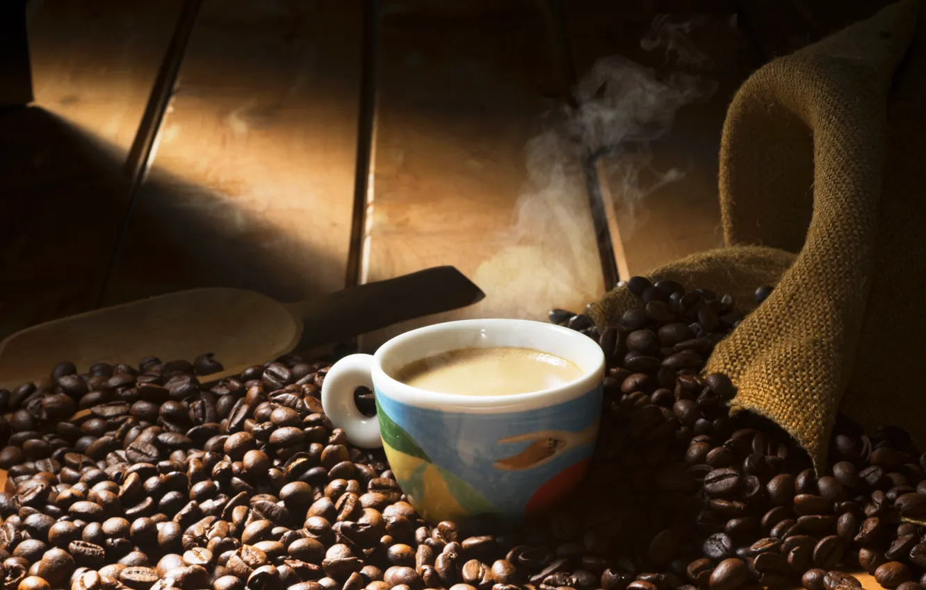 Photo wallpaper coffee, grain, Cup, hot, cup, beans, coffee