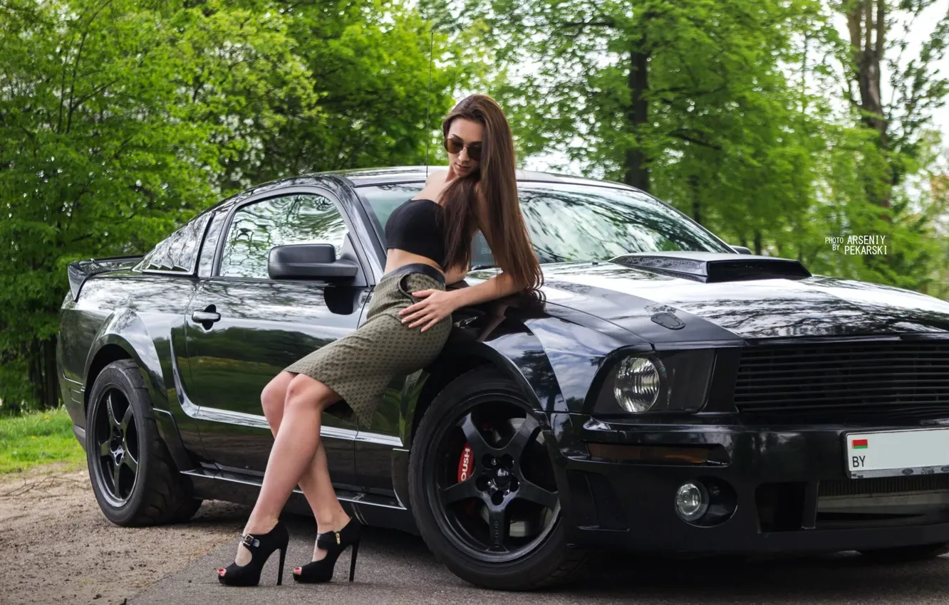 Photo wallpaper girl, glasses, Ford Mustang, beautiful girl, posing, black car