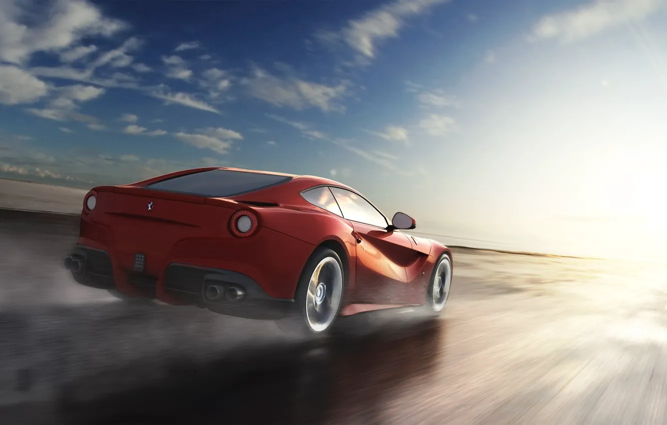 Photo wallpaper The sun, The sky, Water, Red, Clouds, Wheel, Speed, Ferrari