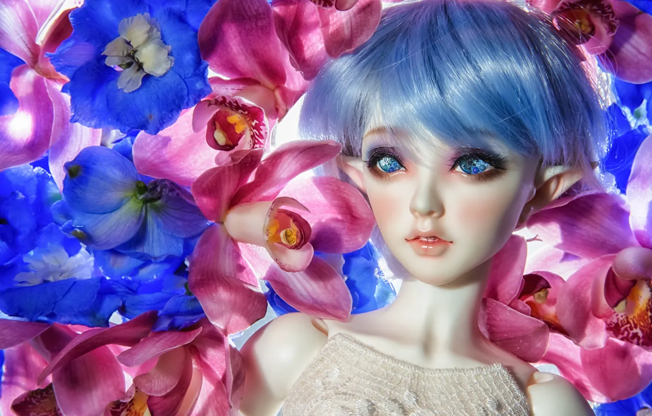 Photo wallpaper flowers, elf, toy, doll, orchids