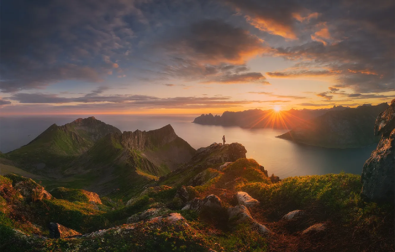Photo wallpaper sea, sunset, mountains, Norway