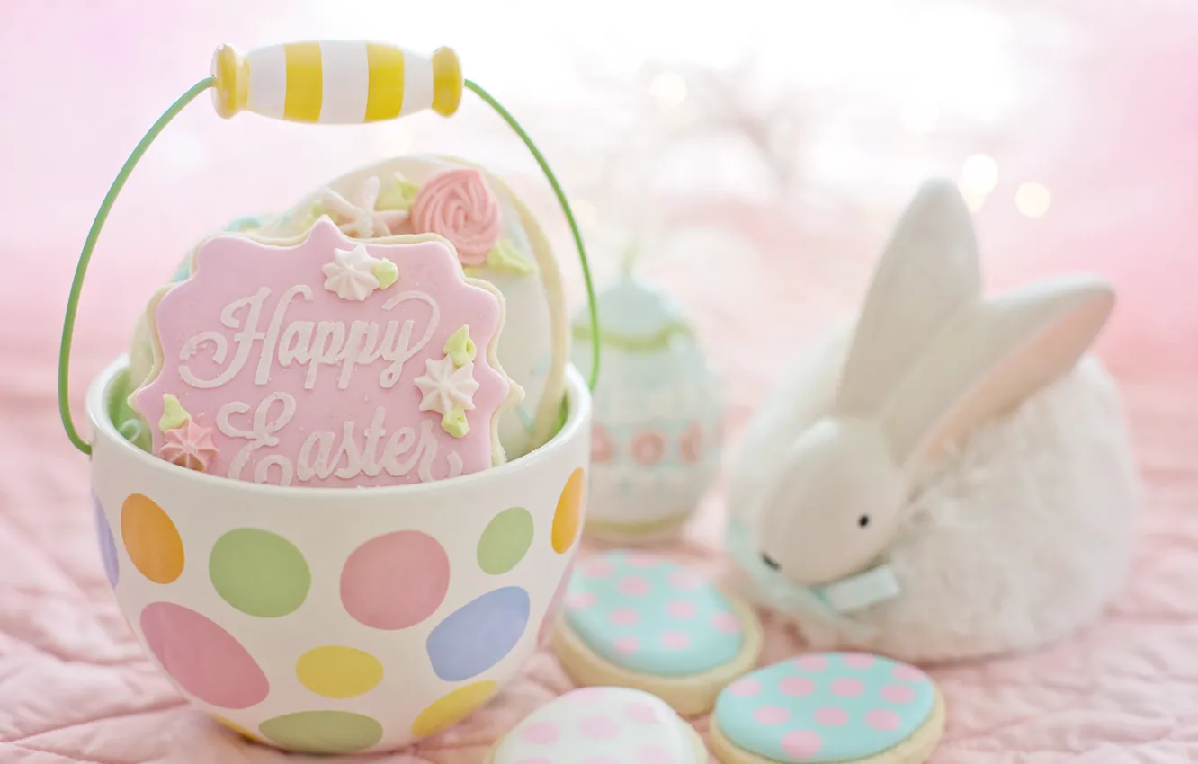 Photo wallpaper light, holiday, the inscription, toy, egg, spring, rabbit, cookies