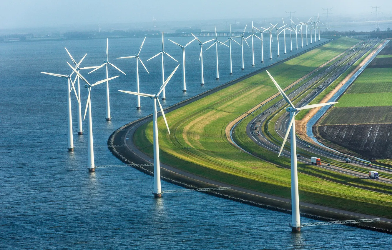 Photo wallpaper road, sea, field, the sky, clouds, landscape, horizon, car