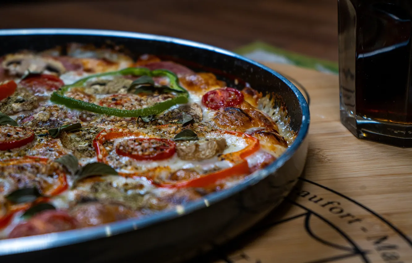 Photo wallpaper table, cheese, pepper, drink, vegetables, pizza, tomatoes, sesame