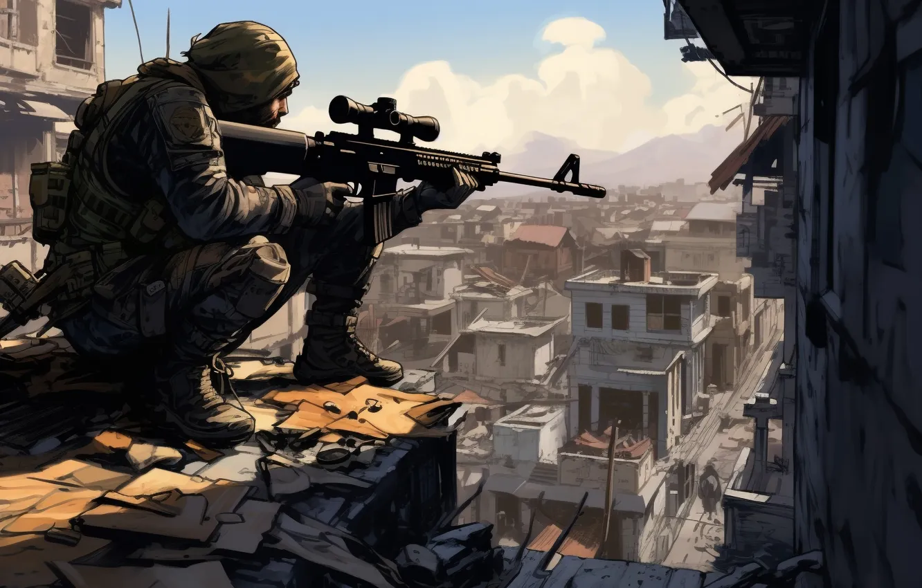 Photo wallpaper building, home, soldiers, sniper, sniper rifle, digital art, AI art, The Art of Artificial Intelligence
