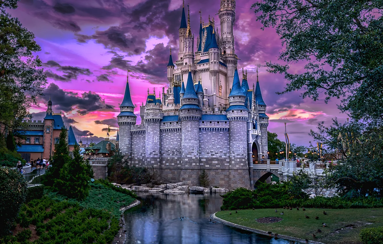 Photo wallpaper water, the city, castle, the evening, FL, USA, Orlando, amusement Park