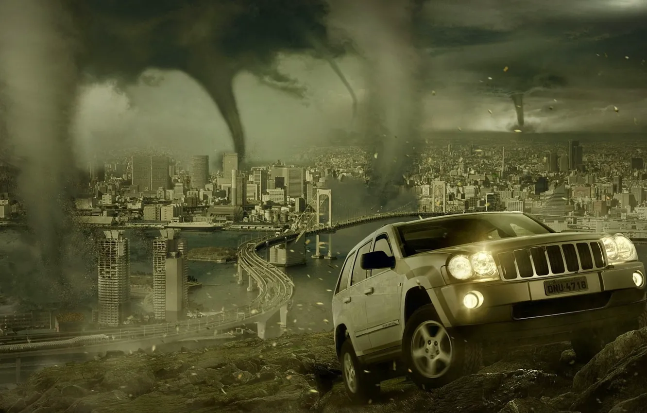 Photo wallpaper the city, disaster, SUV, tornado